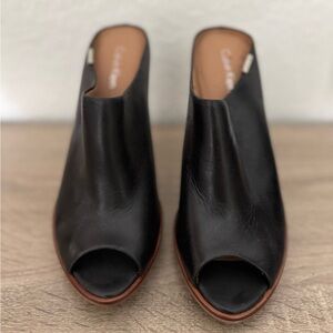 Calvin Klein Black Leather Peep-Toe Mules